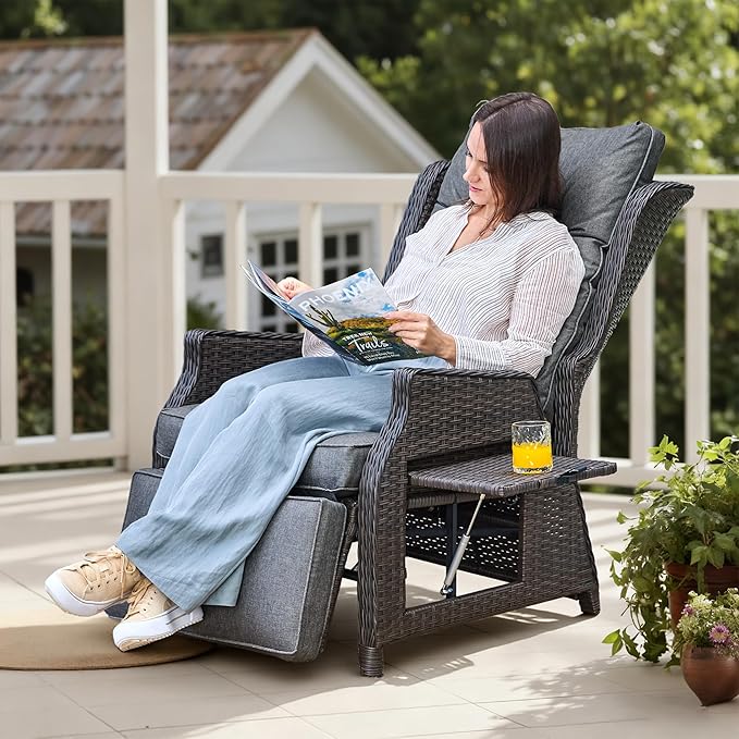 Outdoor Indoor Wicker Recliner with Adjustable Back and Footrest, Patio Reclining Chair with Flip-up Table, Outdoor Rattan Lounge Chair, Grey 2PCS COMLAXFIELD
