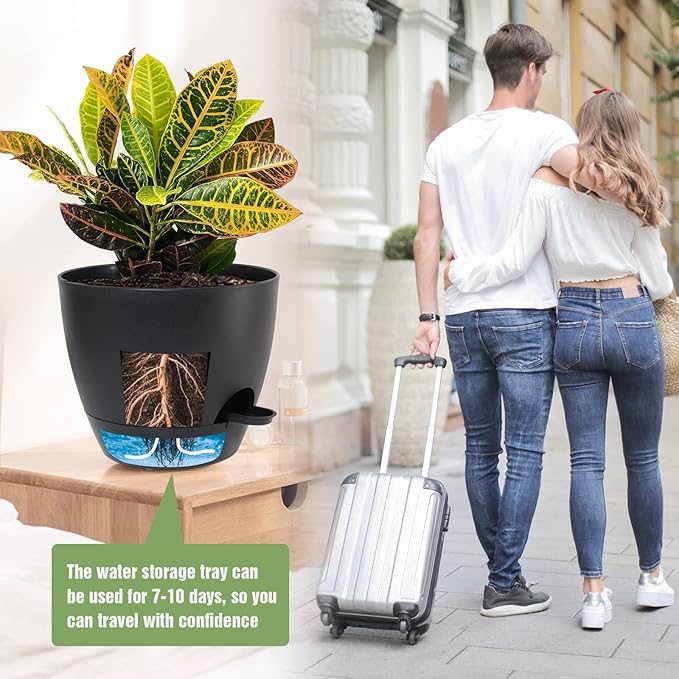 Large Self Watering Pots, 12/10/9 Plastic Planters with High Drainage Holes and Deep Reservoir for Indoor Outdoor Garden Plants and Flowers, Black UOUZ