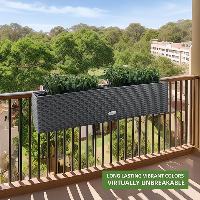 Dexceder 31.5 Inch Rattan Self Watering Planter Indoor Outdoor, Thickened Large Rail Flower Plant Pot Window Box with Water Level Indicators & Bracket (Deep Gray) Dexceder