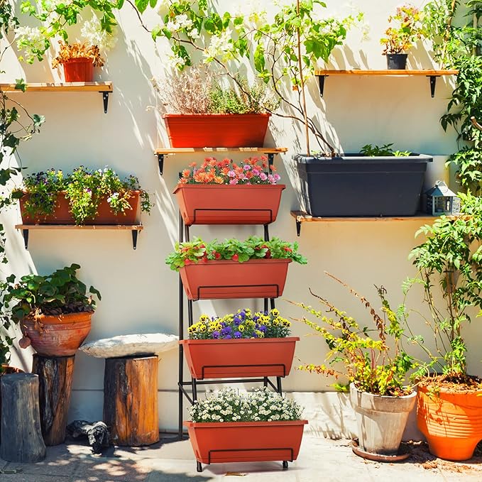 OYEAL Raised Garden Bed 4 Tier Vertical Garden Planter Indoor Outdoor Herb Planter with Legs Elevated Garden Planters for Flowers Vegetables Plants, Brick Red OYEAL