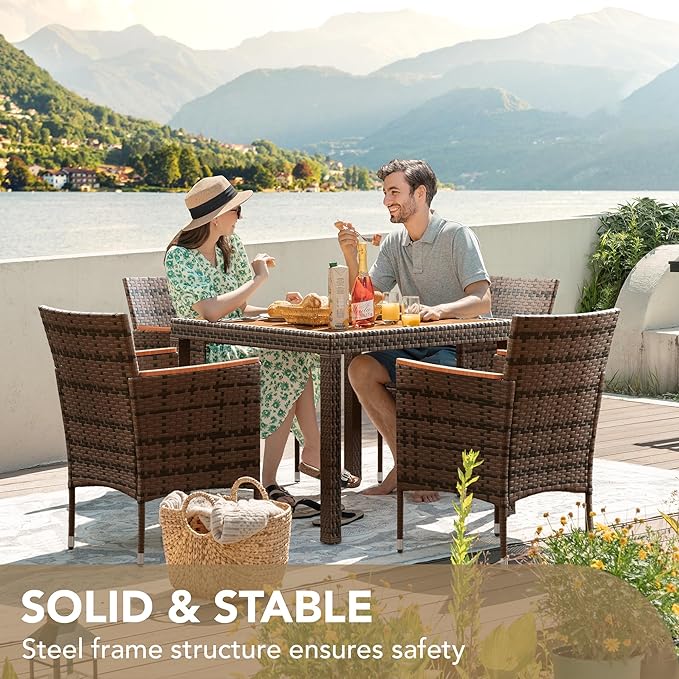Devoko 5 PCS Furniture, Patio Conversation Set with Acacia Wood Top, Rattan Outdoor Dining Table and Chairs for Backyard, Garden, Deck, Brown DEVOKO
