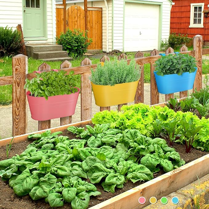 MADHOLLY Railing Planter with Drainage Holes - Sturdy Bucket Pots for Railing Fence, Countryside Style Metal Flower Pots for Herbs Balcony Garden Yard Decor, 4Pcs, Colorful MADHOLLY