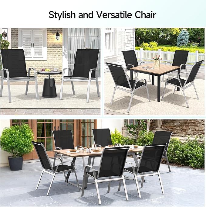 Patio Chairs Set of 6, Easily Set Up Stackable Outdoor Dining Chairs with High Back and Wide Seat, All Weather Breathable Outdoor Chairs Set of 6 with Metal Frame for Backyard Deck Pool, Black Dovov
