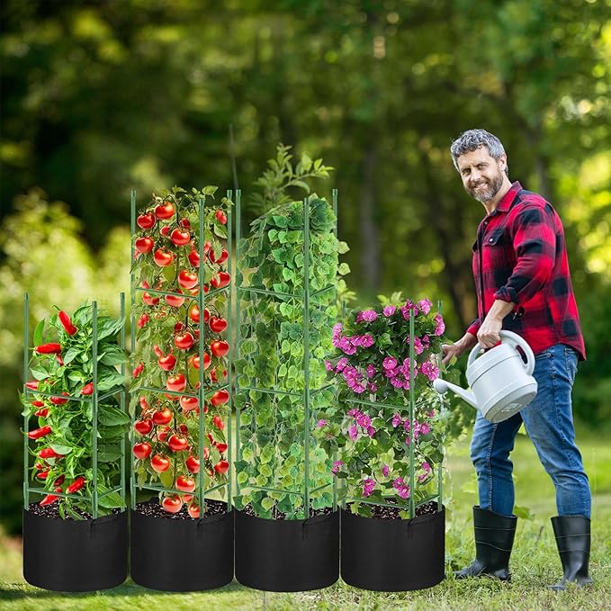4 Pack Tomato Cages with 11 Gallon Grow Bags for Garden 55inch Tomato Planter with Trellis Heavy Duty Plant Stakes Support Frames for Climbing Vegetables Flowers Fruits Flowers Rootora