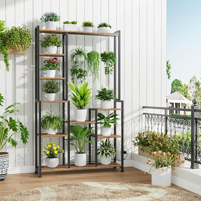 C2 Plant Stand Indoor with Grow Lights, Indoor Tiered Metal Plant Stand 70.87" Tall Plant Shelf with Hooks for Hanging, Plant Holder Display Shelves for Patio, Garden, Outdoor CYXPHION