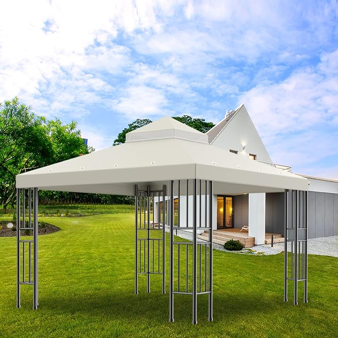 Sumfaller 10x10 FT Gazebo Replacement Canopy Top Cover Double Tiered Canopy Top Cover for Patio Garden Outdoor BBQ Roof Cover Grill Shelter (Beige) Rootora