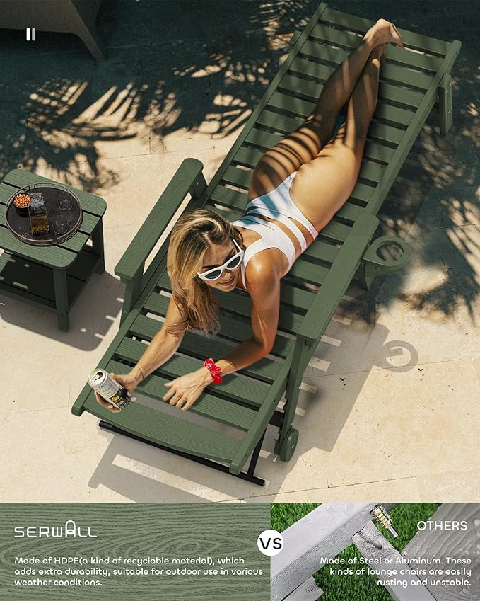 SERWALL Patio Chaise Lounge Chair Set of 2, 78'' Long 5-Positions Adjustable HDPE Outdoor Lounger for Pool, Poly Lounge Chair with Rolling Wheels & Cup Holder for Poolside, Deck, Avocado Green SERWALL