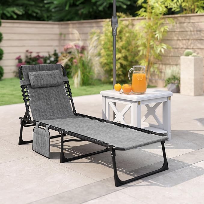 Outsunny Chaise Lounge Chair Outdoor, 5-Position Adjustable Sun Tanning Chair with Carrying Handle and Side Pocket, Folding Bed Cot with Removable Pillow for Garden, Beach, Patio, Pool, Camp, Gray Outsunny