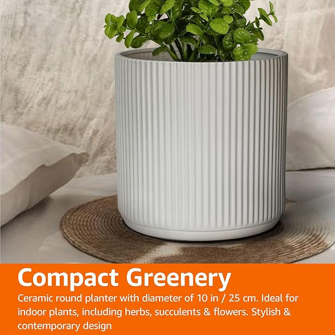 Amazon Basics Fluted Ceramic Round Planter with Drainage Hole, Indoor Outdoor Flower Pot, 10-inch, White AmazonBasics