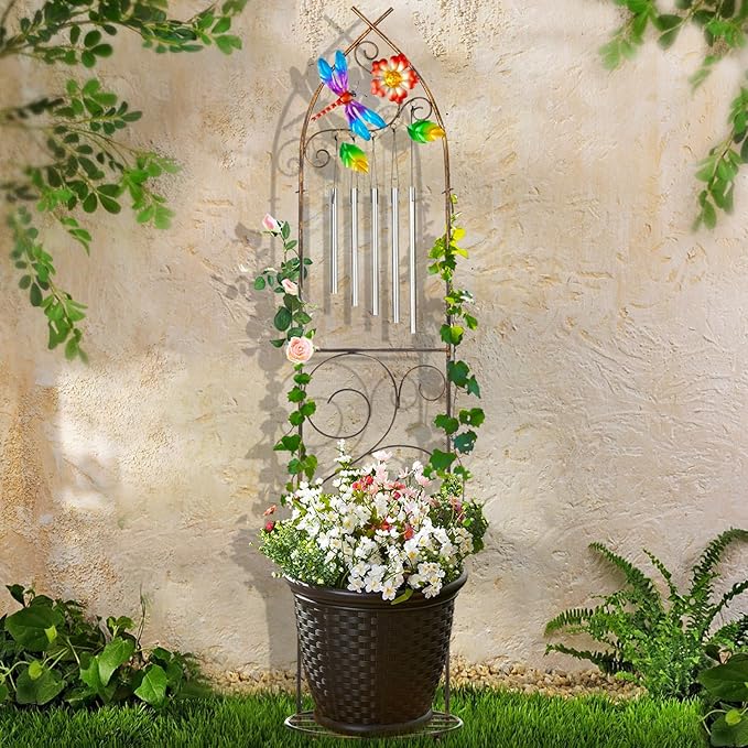 Plant Stands with Garden Trellis, 48” Metal Standing Wind Chimes Plant Pot Trellis with Dragonfly for Garden Patio Backyard Climbing Plants Outdoor Decor LEWIS%26WAYNE