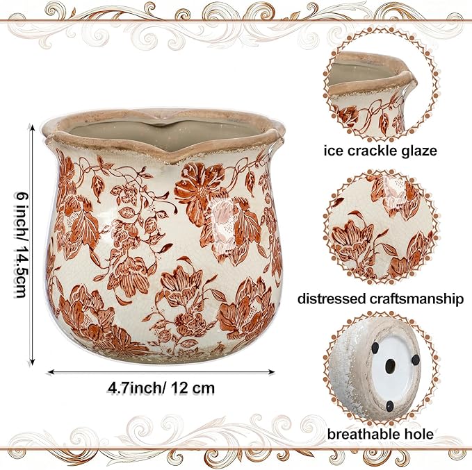 6 Inch Ceramic Plants Pots Vintage Ceramic Flower Planters Crackle Glaze Finish Flower Pots Decorative Floral Vintage Planters for Living Room Garden Home Decor Gifts(Fresh) Newtay