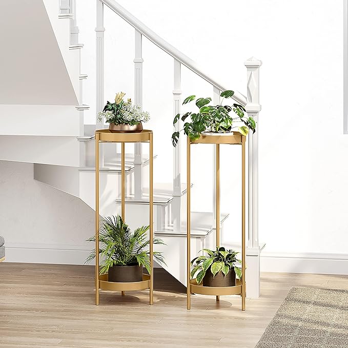 Metal Gold Tall Plant Stand Indoor or Outdoor - 30 inch 2 Tier Modern Corner Planter Shelf Rack with 2 Removable Display Shelves(10 inch) for Bedroom Living Room Balcony Philodwell