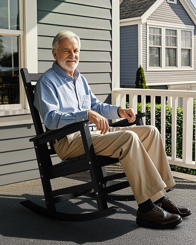 SERWALL HDPE Outdoor Rocking Chair Set of 6, Patio Rocking Chairs for Adults, All Weather Outdoor Rockers for Lawn, Black SERWALL