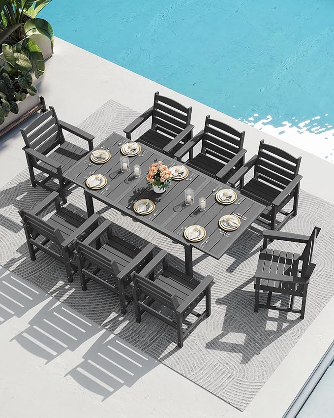 SERWALL 7-Piece Patio Dining Sets, 60" - 83" Expandable Outdoor Dining Table and 6 HDPE Chairs, All Weather HDPE Outdoor Furniture Set for Backyard, Garden, Grey SERWALL