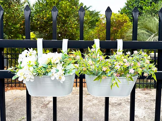 10" Hanging Flower Pots, Pack of 2 White Metal Outdoor Patio Balcony Planter, Railing Planters Fence Pot with Detachable Hook & Drainage Hole for Small Plants (White, 2Pcs) JOYFERNAL