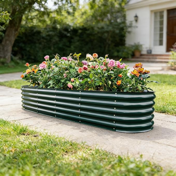 Gardmax Galvanized Raised Garden Bed, Lightweight Planter Boxes Outdoor with Easy Assembly, Large Garden Bed for Vegetables, Fruits, Flower Dark Green 8FT ChooseGardmaxforbetterlife