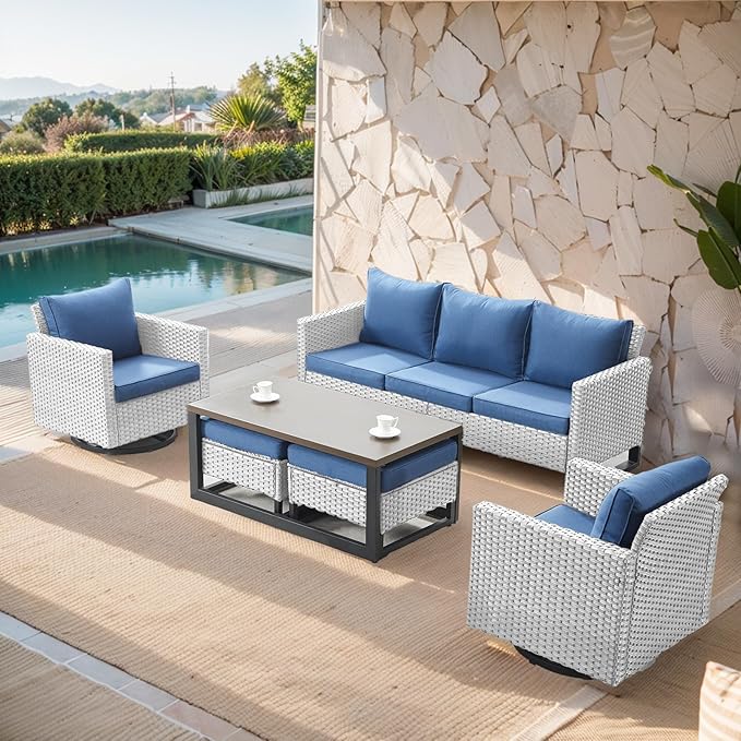 Belord 6 Piece Outdoor Furniture Patio Wicker Sofa Set, Oversize Outdoor Swivel Rocker Chairs with Rattan Ottomans, Conversation Sets Patio Furniture Come with Removable Washable Belord
