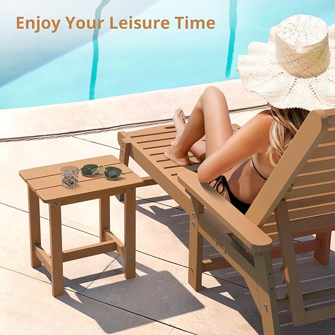 LUE BONA Outdoor Side Table Set of 2, HDPS Small Outdoor Adirondack Side Tables, Outside End Table for Patio, Porch, Deck, Pool, Weather Resistant/Easy Maintenance, Teak Color LUEBONA