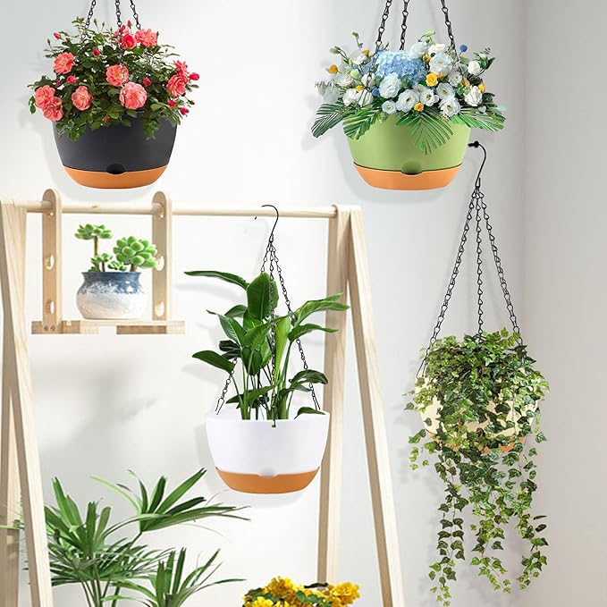 10 inch Plant Pot Hanging Planters Self Watering Pots for Indoor Plants, 3 Pack Plastic Hanging Basket with Removable Tray for Home Garden Porch Balcony Patio Decor(Black) KPUVX