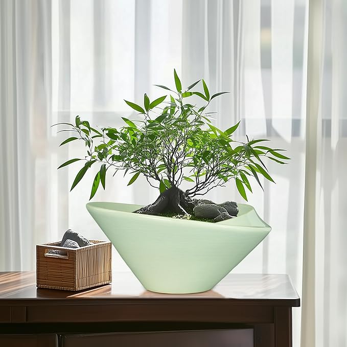Ceramic Bonsai Pots - Large Succulent Planter 13 Inch Plant Pot Indoor Succulent Pot with Drainage Hole Outdoor Planter Bonsai Tree Pot for House Home Garden Office Decor Green Teagas