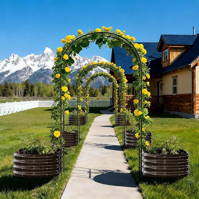 DoCred 3 in 1 Raised Garden Bed with 87in Tall Arch Trellis for Climbing Plants, Galvanized Planter Garden Box Outdoor for Gardening, Climbing Vegetables, Flower, Wood Grain DoCred