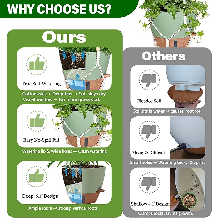 10 Inch Hanging Planters for Indoor Plants, 2 Pack Self Watering Hanging Baskets Flower Pots with Drainage Hole, Visual Reservoir & 2 Kinds of Plant Hanger for Home Decor Fielda