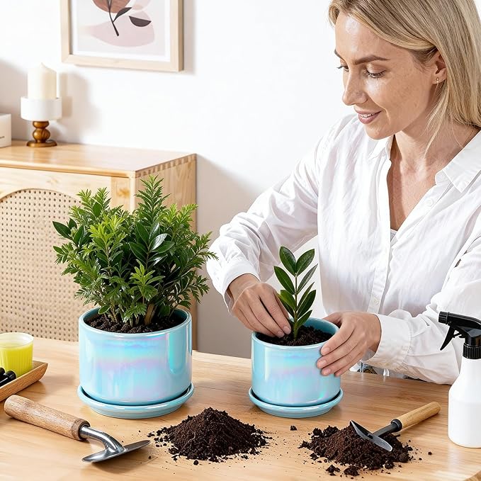 EFISPSS Ceramic Planter 4+5+6 Inch Ceramic Flower pots for Indoor Plants with Drainage,for Succulent Cactus,Garden Planters,Modern Decorative for Home Blue Pearl Glaze Plant Pots EFISPSS