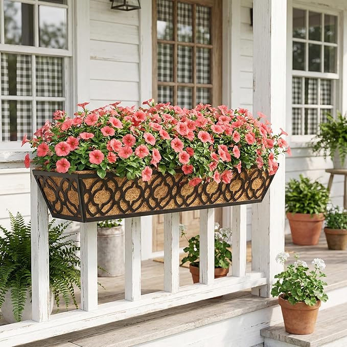 Y&M 30 inch Window Planter Box 4Pcs Iron Window Deck Railing Planter with Coco Liner, Metal Horse Troughs Fence Planter for Outdoor Balcony Rail Fence Porch Patio YM