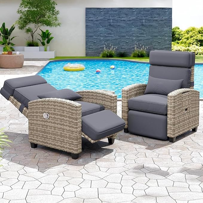 Garvee Outdoor Recliner Chair, 145° Adjustable Backrest & Footrest Lounge Chair with Removable Cushion and Flip-Up Side Table, All-Weather PE Wicker & Steel Frame for Poolside, Deck, Balcony, Khaki Garvee