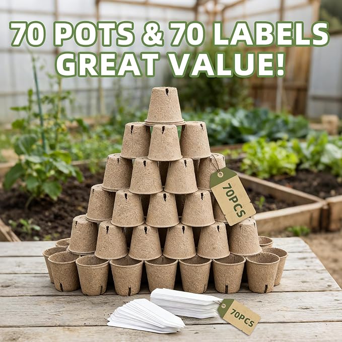 70Pcs Biodegradable 4” Peat Pots with 70Pcs Plant Labels, Biodegradable Seed Starter Pots with Drainage Holes, Nursery Pots for Seedlings, Herbs, Vegetables, Flowers, Gardening Kit Cleangor