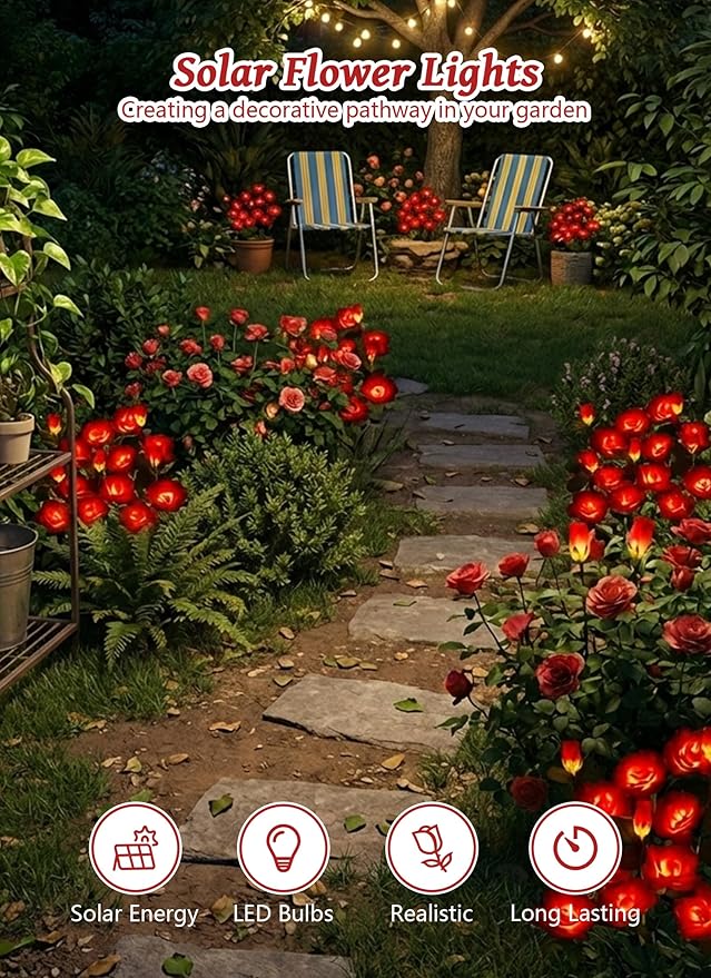 Brightown Outdoor Solar Flower Lights, 4 Pack Solar Garden Light with Larger & More Realistic Red Rose, Bigger Solar Panel, Waterproof Solar Lights Outdoor for Yard Garden Lawn Pathway Decoration Brightown