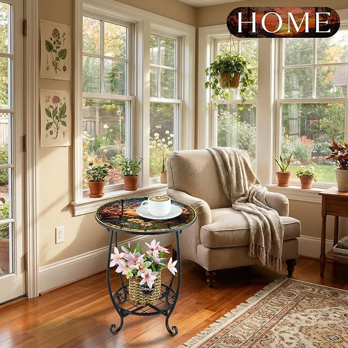 Outdoor Side Table Round Small Mosaic Patio Accent Indoor End Plant Coffee Tea Table for Yard Patio Porch Garden Living Room, Bedroom(Sunset and Flowers,14 Inch) Cinnvoice