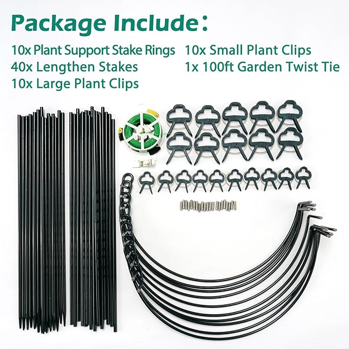 32 inch Plant Support Stakes, 10 Pack Half Round Metal Garden Plant Stake Heavy-Duty Plant Support Ring and Cage with Plant Clip & Twist Tie for Indoor and Outdoor Plants, Vegetable, Flowers Linyona