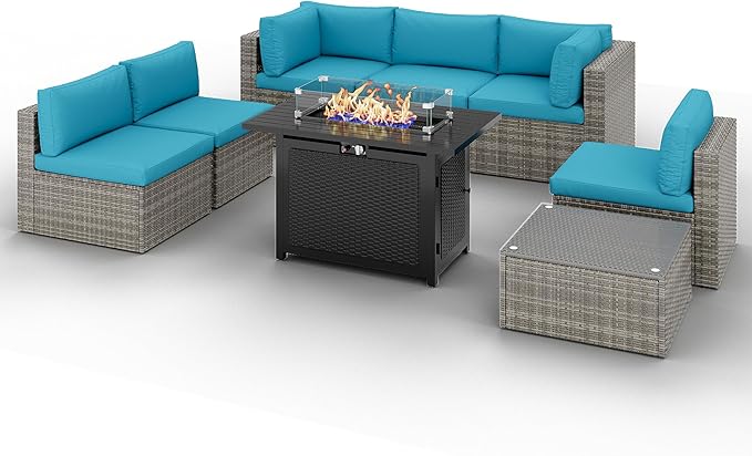 8 Pieces Outdoor Patio Furniture Set with 43" Fire Pit Table, Wicker Outdoor Patio Sectional Sofas with Coffee Table and Cushions, All-Weather Patio Conversation Set for Garden Backyard, Light Blue MayinColor