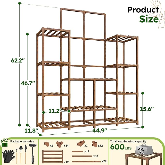 EnHomee Plant Stand Indoor Wood Plant Stand Outdoor Tiered Plant Shelf for Multiple 16-21 Potted Plants for Living Room Patio Balcony Yard Garden 44.9" W x 11.8" D x 62.2" H EnHomee
