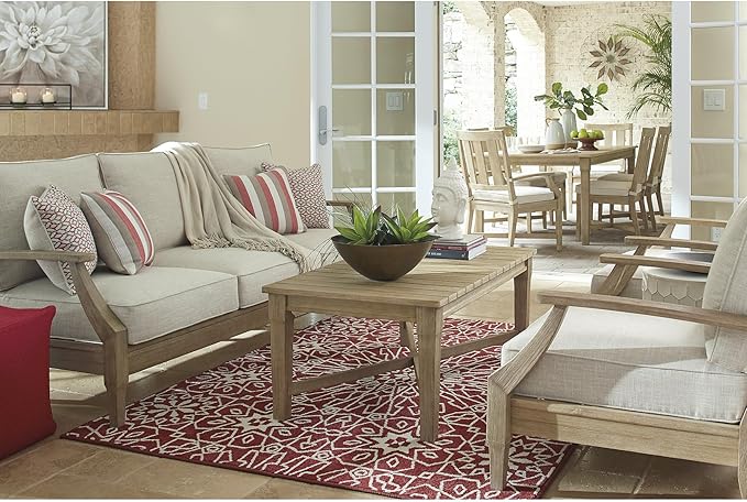 Signature Design by Ashley Clare View Outdoor Patio Sofa, 4 Throw Pillows, Nuvella Weather Resistant Fabric, Eucalyptus Wood, 81" W x 35" D x 32" H, Beige SignatureDesignbyAshley