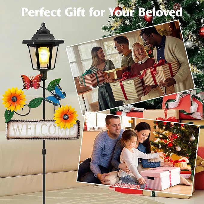 Lewondr Solar Garden Lights Butterfly, 37.4 Inch Solar Lamp Post Light with Welcome Sign & Butterflies, Outdoor Waterproof Solar Stake Lights for Yard Porch Patio Pathway Gardening Gifts, 2 Pack Lewondr