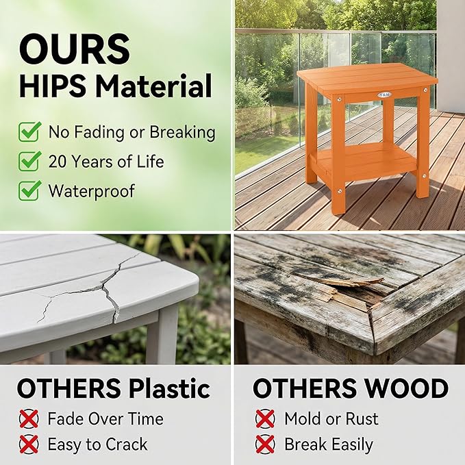 Y&M Outdoor Side Table, HIPS Adirondack Small Double Layer Table, Waterproof Square Outside Table, Balcony End Tables for Patio, Pool, Porch, Deck, Indoor or Outdoor Use, Orange YM