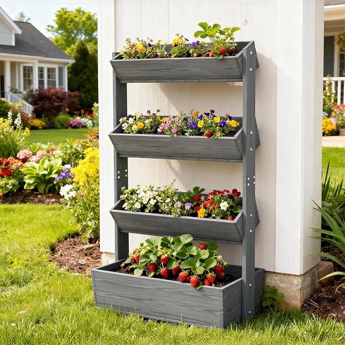 SUNYRISY 4 Tiers Vertical Raised Garden Bed Outdoor Planter Tower, Wooden Freestanding Planter Box for Planting Herbs Flowers Vegetables Patio Balcony Indoor Outdoor Gardening, Grey SUNYRISY