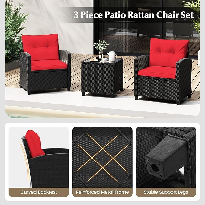 Tangkula 3 Pieces Patio Furniture Set, Rattan Conversation Set w/Soft Seat & Back Cushions, Tempered Glass Topped Coffee Table, Cushioned Wicker Seating for Backyard, Porch, Poolside (Red) TANGKULA