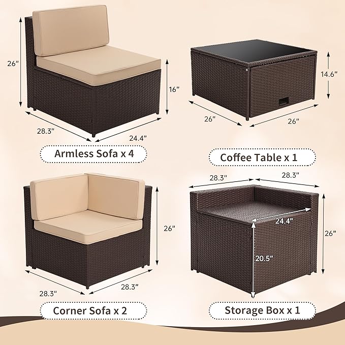 8-Piece Patio Furniture Set, Outdoor Wicker Rattan Sectional with Thick Cushions, Glass Top Table with Hidden Storage, Outdoor Conversation Set for Backyard, Porch, Patio, Beige KROFEM