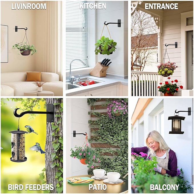 Qiang Ni Bird Feeder Hanger: 8-Inch Wall-Mounted Plant Bracket Outdoor - 2 Pieces Black Plant Hooks for Hanging Flower Baskets QiangNi
