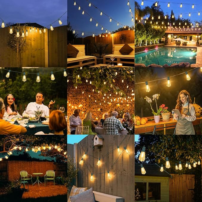 Brightever 50FT Outdoor String Lights Waterproof, 2700K Bright LED Patio Lights with 27 ST38 Shatterproof Vintage Bulbs, Retro Edison String Lights for Outside, Garden, Christmas Decor, Green Wire Brightever