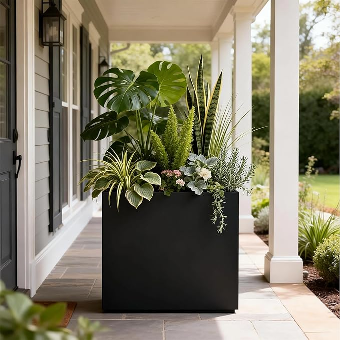 Worth 28" Galvanized Steel Planter Box, Outdoor Rectangular Tall Metal Planter with Insert Shelf & Drainage Holes, Matte Black Standing Plants Box for Patio, Garden, Balcony WORTH