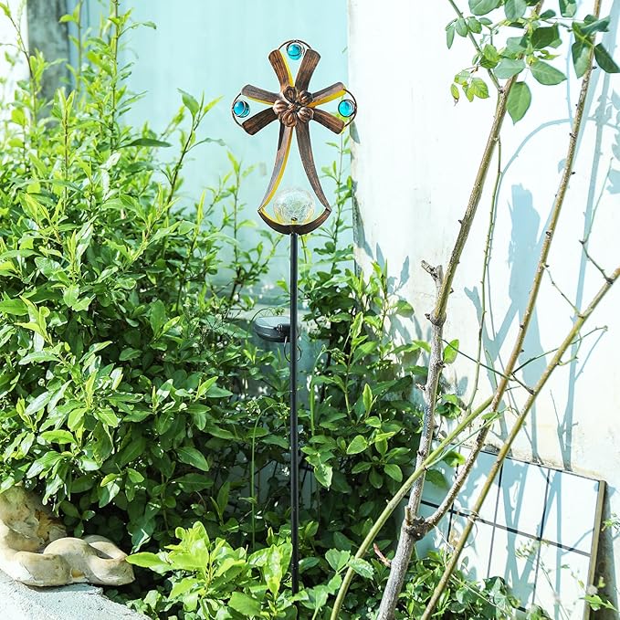 VCUTEKA Solar Garden Lights Cemetery Metal Flower Decor Colorful Solar Pathway Light with LED Cracked Crystal Ball Outdoor Decorative Stake for Patio Yard Lawn Garden Decor (Cross) VCUTEKA