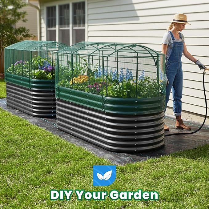 Quictent Galvanized Raised Garden Bed Kit with Self Watering System and Mesh Cover, Large Oval Metal Outdoor Planter Garden Boxes for Vegetables Herbs Flowers, 8x3x2Ft QUICTENT