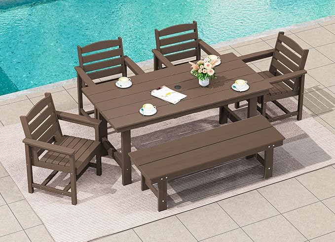 SERWALL Outdoor Dining Set for 6, HDPE Furniture Set with Umbrella Hole, All Weather Bench & Chairs, Coffee Table SERWALL