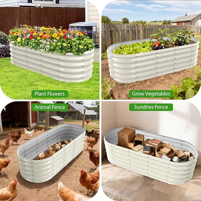 17" Tall Outdoor Garden Raised Garden Bed Kits, 5ft X 2ft Oval,0.8MM Thick Metal Raised Planter Bed/Ground Planter Box for Variety of Flowers,Herbs,Vegetables (Cream White, 60X24X16.5 Inches) YSEJOMP