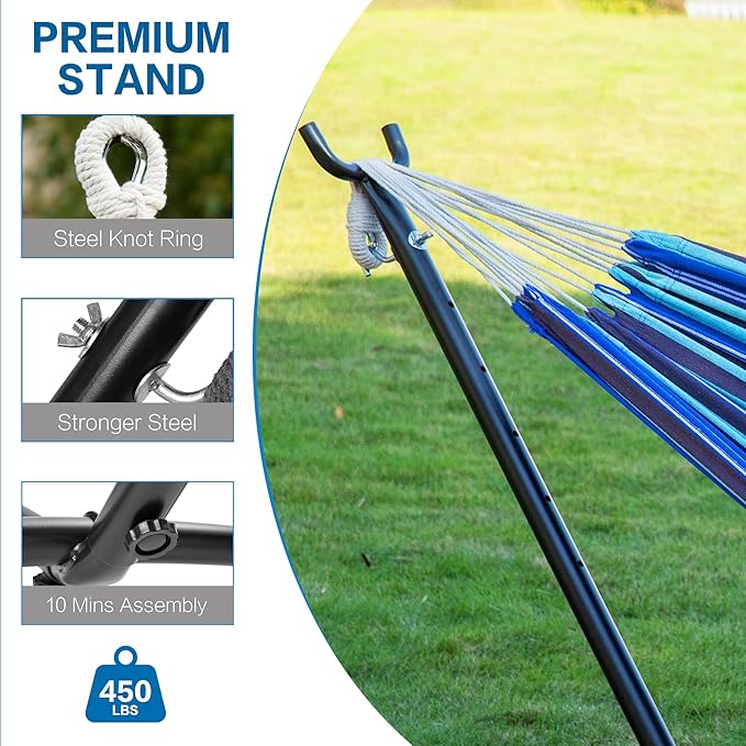 PNAEUT Double Hammocks with Stand for Outside, Portable Space Saving Heavy-Duty Steel Stand for Indoor Outdoor Patio with Carrying Bag, 450 lbs Capacity (Blue Lagoon) PNAEUT