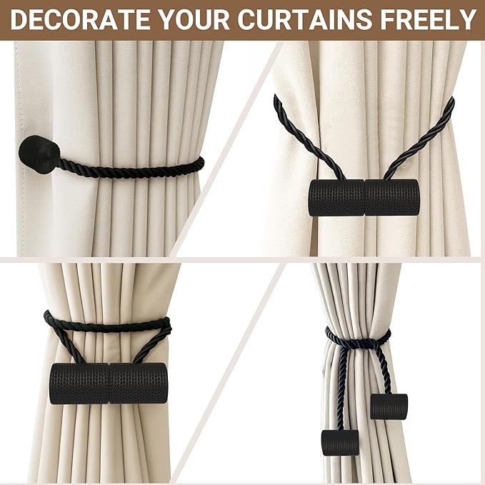 Hion Magnetic Curtain Tiebacks Black 2pcs, Curtain Tiebacks Buckles Holdbacks Holders Hooks Clip for Home Bedroom Office Decorative Curtain Hion